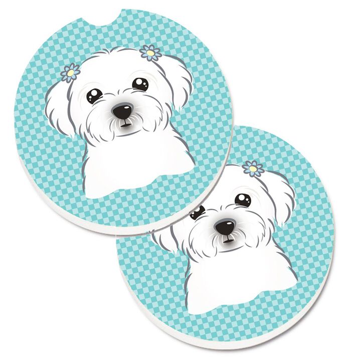 Caroline's Treasures Checkerboard Blue Maltese Set of 2 Cup Holder Car Coasters BB1146CARC, 2.56, Multicolor