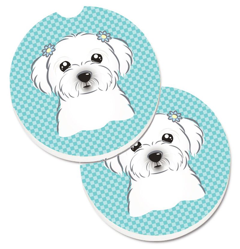 Caroline's Treasures Checkerboard Blue Maltese Set of 2 Cup Holder Car Coasters BB1146CARC, 2.56, Multicolor