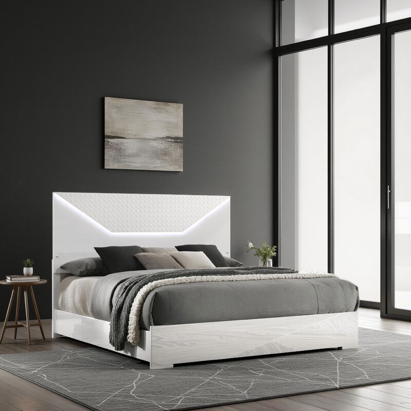 Ivon King Bed, 3D Embossed LED Headboard, Glossy White Solid Wood - Benzara