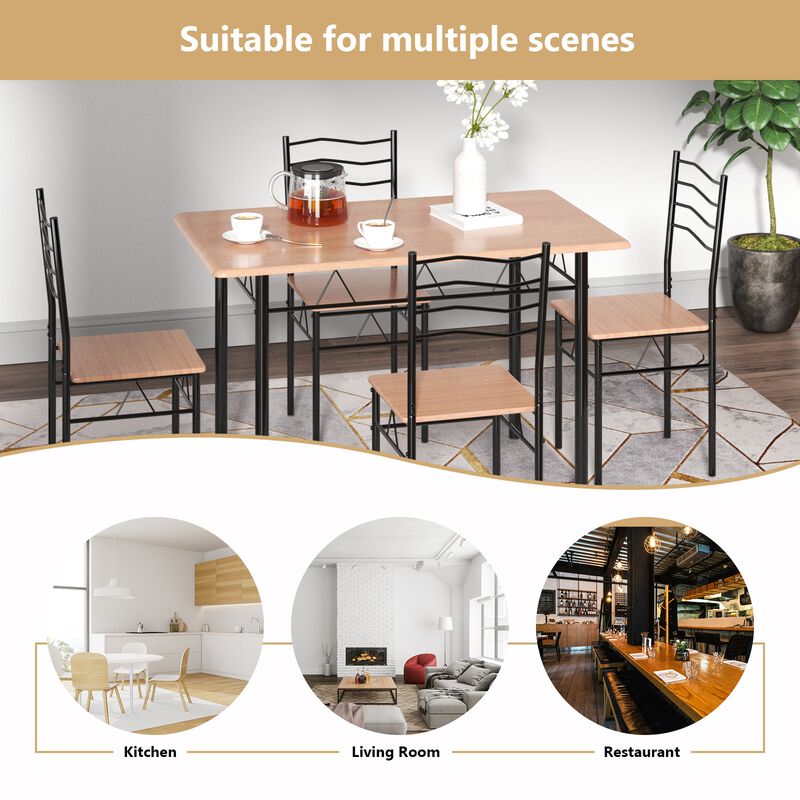 5 Pieces Wood Metal Dining Table Set with 4 Chairs