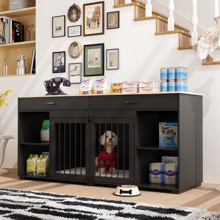Large Dog House Storage Cabinet with 2 Drawers and Storage Shelf, Indoor Pet Dog Crate Cage for Large Medium Dogs, Black
