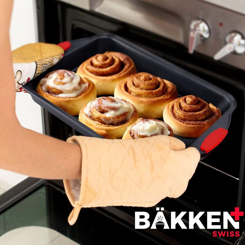 BAKKENMASTER Baking Set – 8 Piece Kitchen Oven Bakeware Set – Deluxe Non-Stick Black Coating Inside and Outside – Carbon Steel – Red Silicone Handles – PFOA PFOS and PTFE Free by Bakken