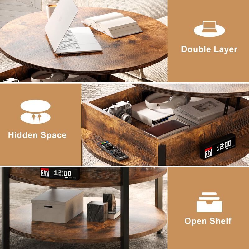 FABATO Round Lift Top Coffee Table with Storage and Hidden Compartment, 26.77'' Farmhouse Coffee Table for Living Room Reception