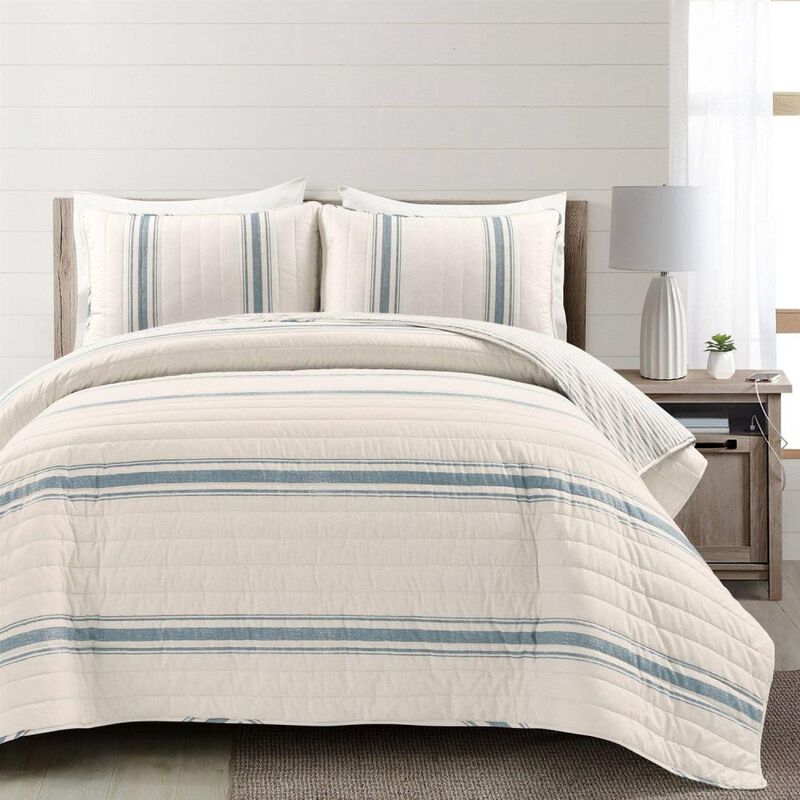 Hivvago Blue Off-White Cream Stripe 3 Piece Reversible Cotton Quilt Set
