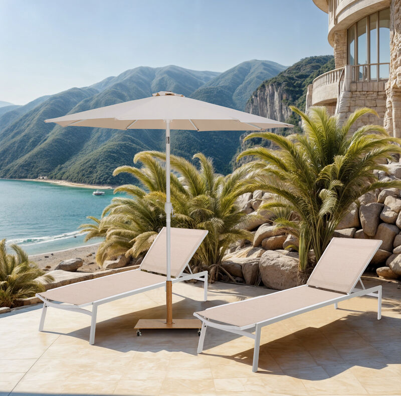 Meridian Furniture Fiji Beige Fabric / Teak Aluminum Patio Umbrella with Base Sets