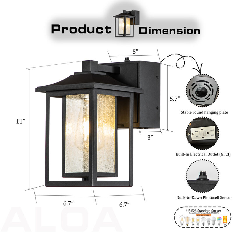 1-Light Black Dusk to Dawn Sensor Outdoor Wall Lantern Coach Sconces Light with Seeded Glass and built-in GFCI Outlets image number 5