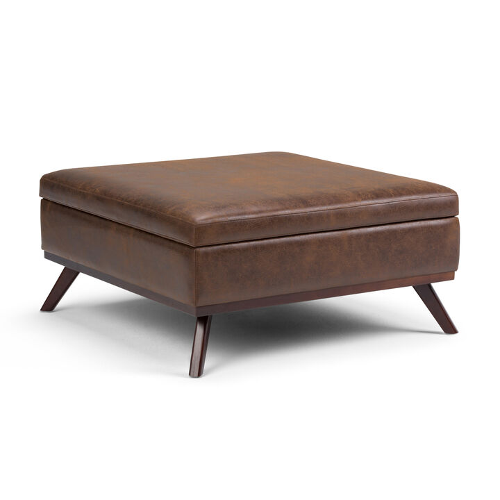 Owen 36 inch Wide Mid Century Modern Square Coffee Table Storage Ottoman in Distressed Chestnut Brown Vegan Faux Leather, Assembled