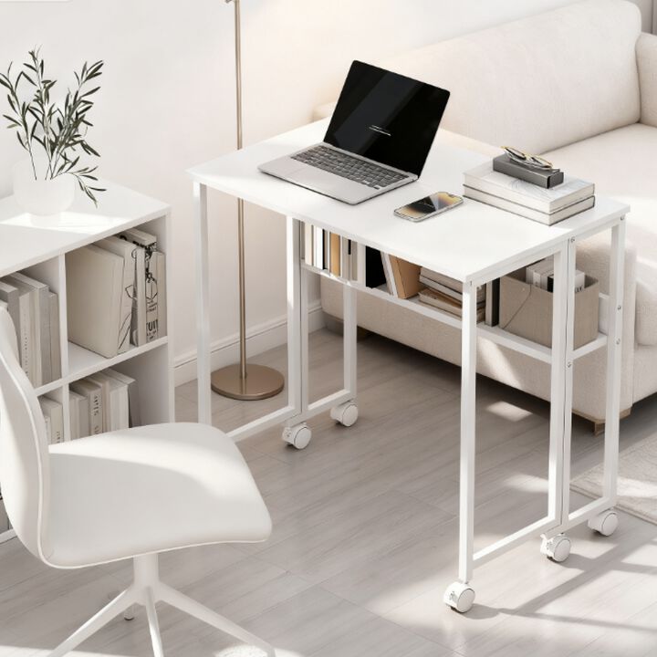 GOODSILO Space-Saving Foldable Computer Desk with Storage Shelf and Mobile Casters for Compact Home Office