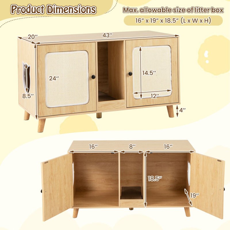 Hidden Cat Litter Box Enclosure with Double Rooms and Sisal Scratching Mats image number 2