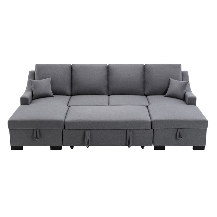 Upholstered Sleeper Sectional Sofa with Double Storage Spaces, 2 Tossing Cushions, Grey