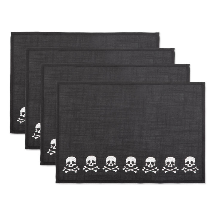 Set of 4 Black and White Skulls Embellished Rectangular Placemats 19"