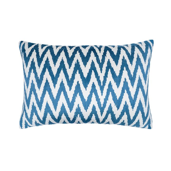 Chevron Blue Silk Velvet Ikat Pillow, 16" X 24"