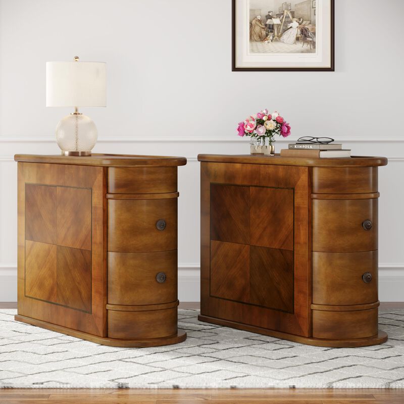 Trggivs Solid Wood End Table with 2 Drawers and Shelves, No Assembly Required Narrow Sofa Side Table for Living Room, Vintage Sl