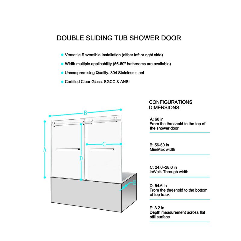 60x60 Shower Door with Assembly Template, Frameless Design and Silent Rollers