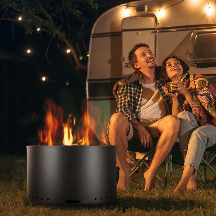 Portable Smokeless Fire Pit Wood Burning Stove with Ash Pan for Camping and Patio-Black