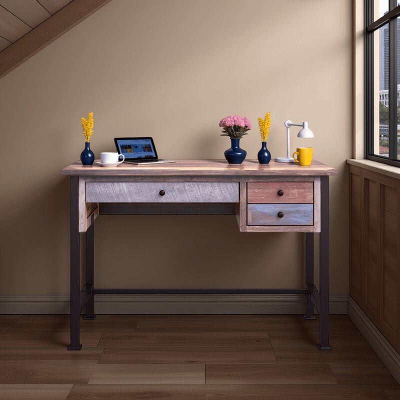 Fena 48 Inch 3 Drawer Office Desk, Iron Base, Multicolor Distress Pine Wood image number 1