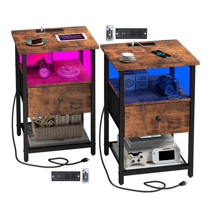 HDDDZSW LED Nightstands Set of 2 with Charging Station, Bedside Tables with USB Ports and Outlets, End Table with Fabric-Wood 2-