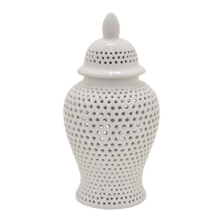 Deni 19 Inch Ginger Jar, Small Carved Cutout Lattice, Removable Lid, White - Benzara