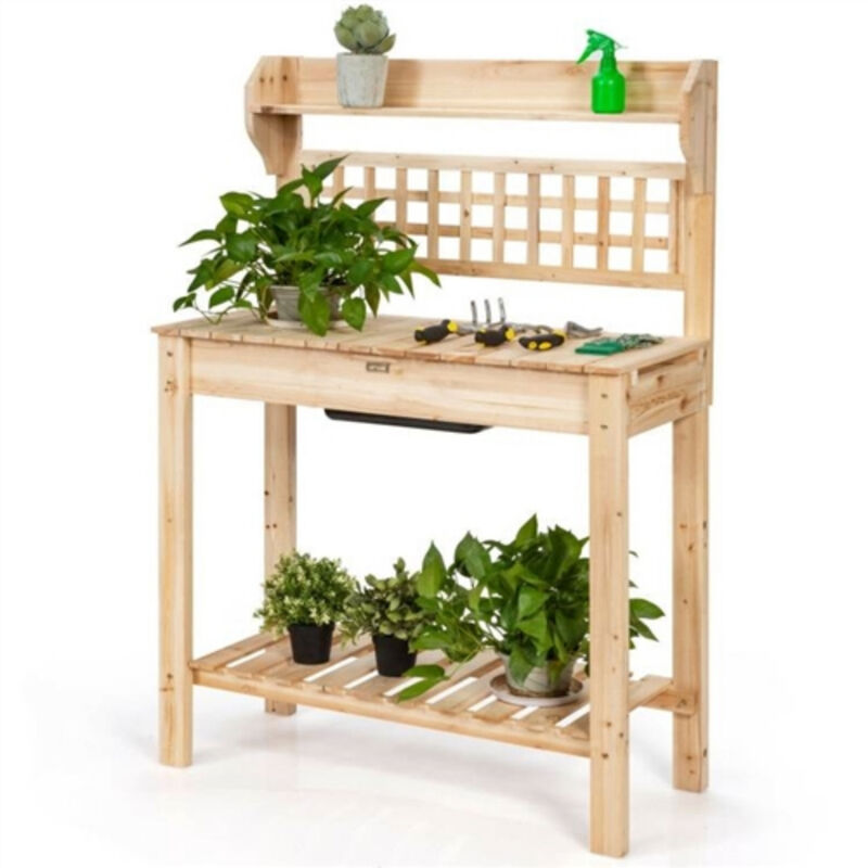 Solid Wood Garden Potting Bench with Removable Sink and Bottom Shelf for Outdoor Use