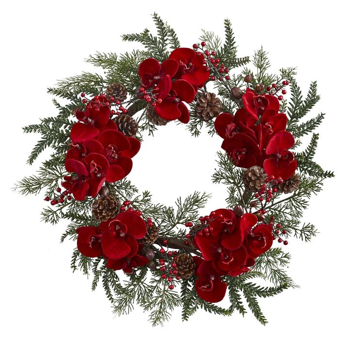 Nearly Natural 22-in  Orchid,  Berry & Pine Holiday Wreath