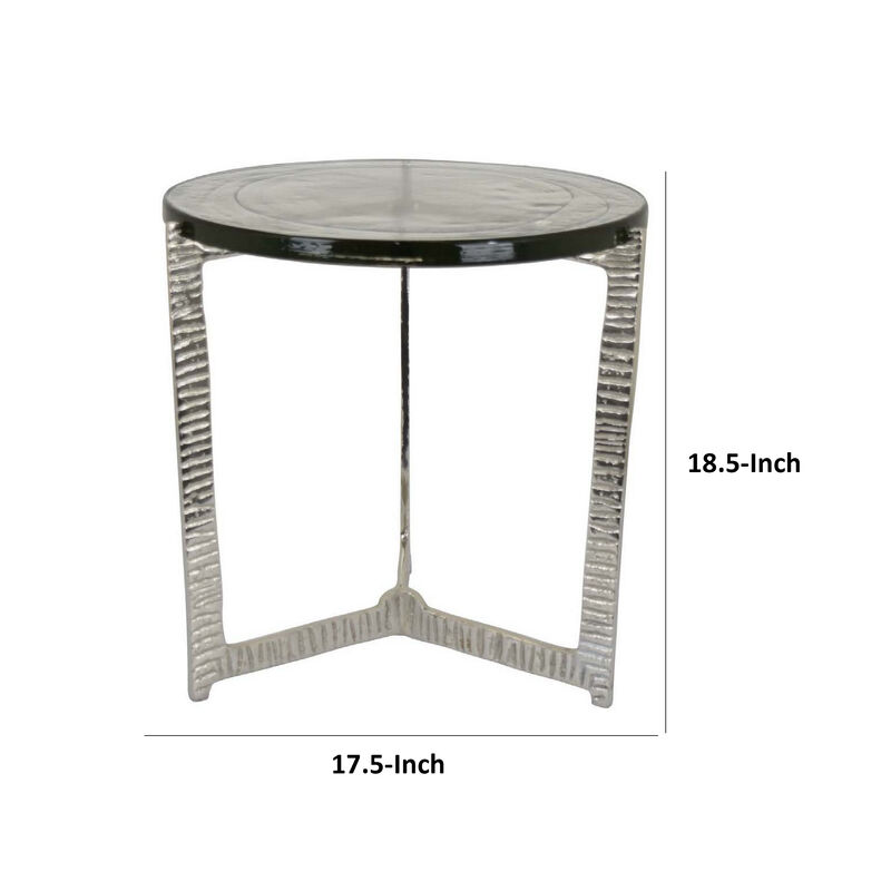 Lune 19 Inch Plant Stand Side Table, Silver Metal Frame, Round Glass Top - Benzara