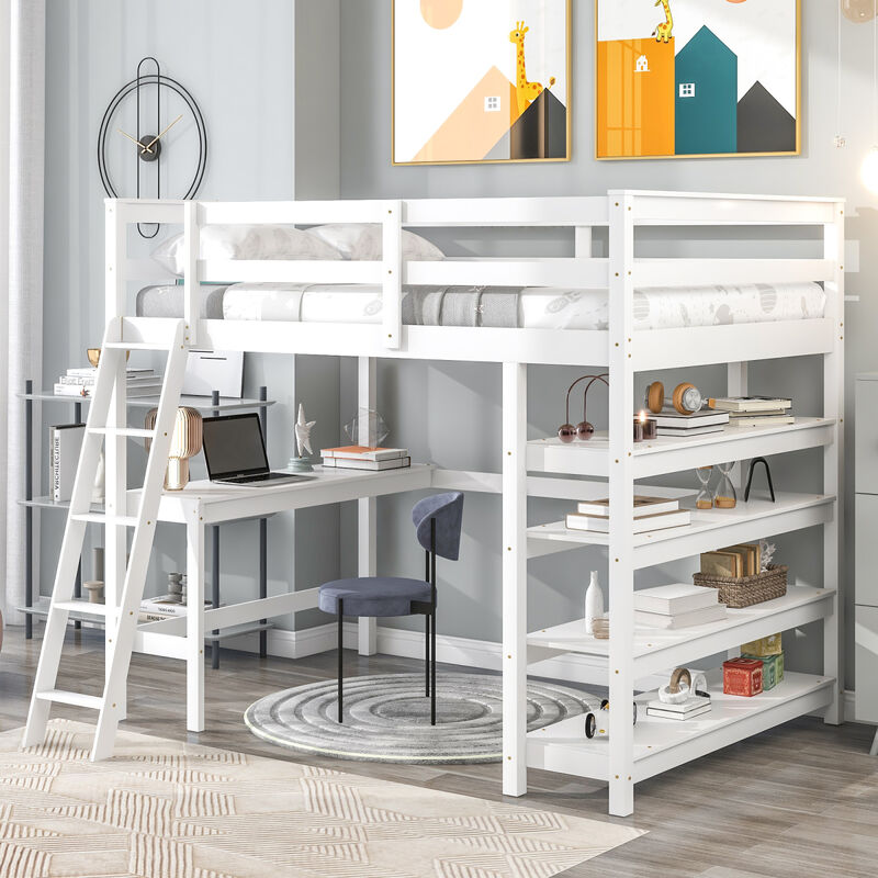 Loft Bed Full with desk, ladder, shelves, White