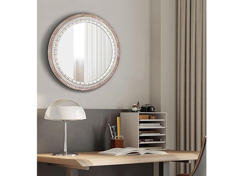 24" Rustic Round Mirror &ndash; Beaded Wood Frame for Wall Decor