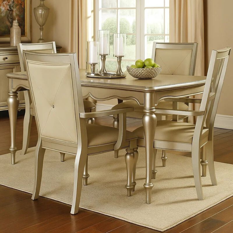 Wooden Set of 2 Arm Chairs with Crystal Tufted Leatherette Backrest, Silver