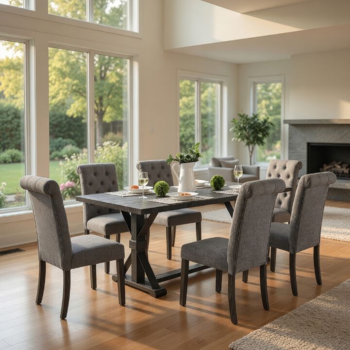 Fredy 7pc Dining Table Set, Dual Pedestal Base, 6 Beige Fabric Chairs