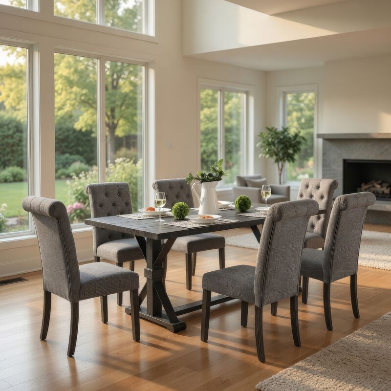 Fredy 7pc Dining Table Set, Dual Pedestal Base, 6 Beige Fabric Chairs image number 1