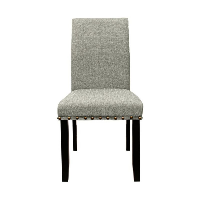 Sie 25 Inch Dining Chairs, Set of 2, Nailhead Trim, Padded Gray Upholstery, Black Wood
