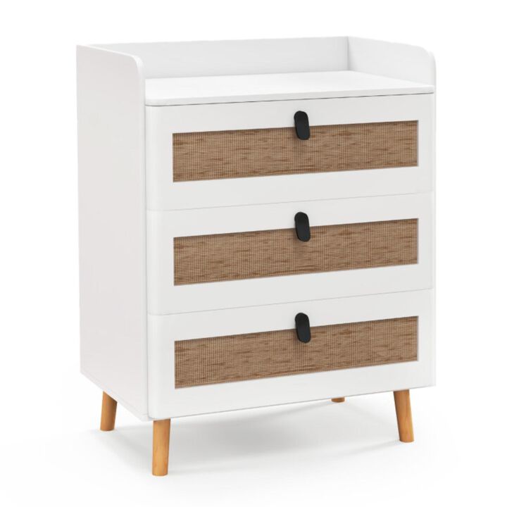 Hivvago Modern End Table with 3 Rattan Decorated Drawers-White