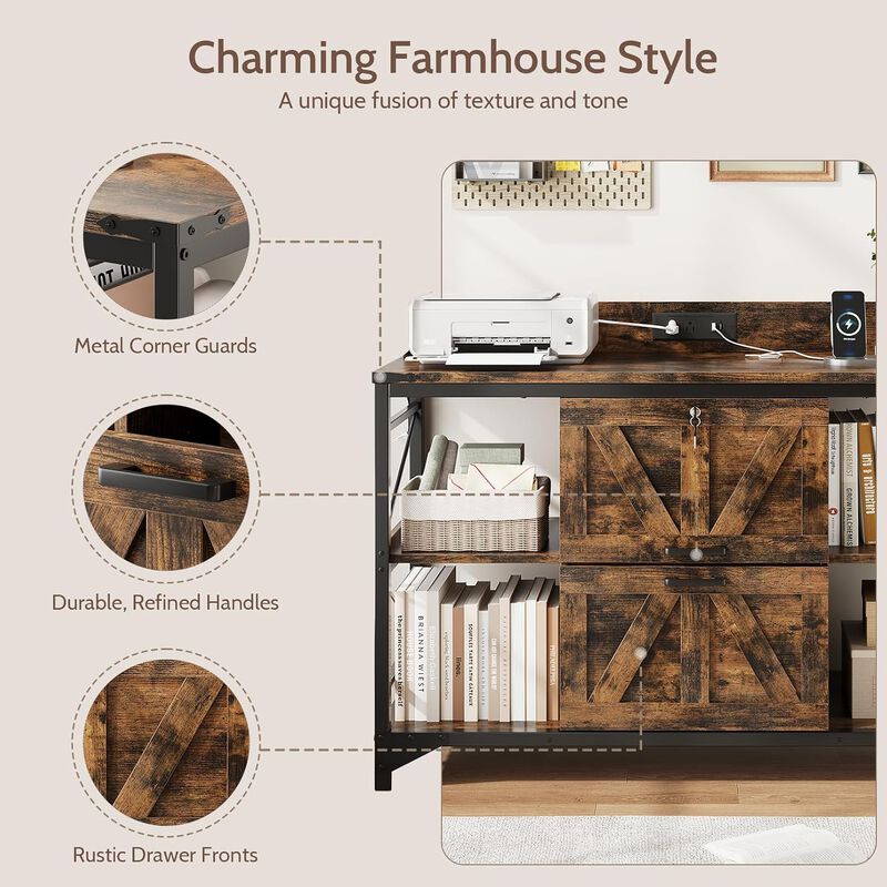 44"W File Cabinet, Lateral Filing Cabinet with 4 Shelves and 2 Drawers, Office Storage Cabinet with Lock & Charging Station, Wooden Printer Stand image number 7