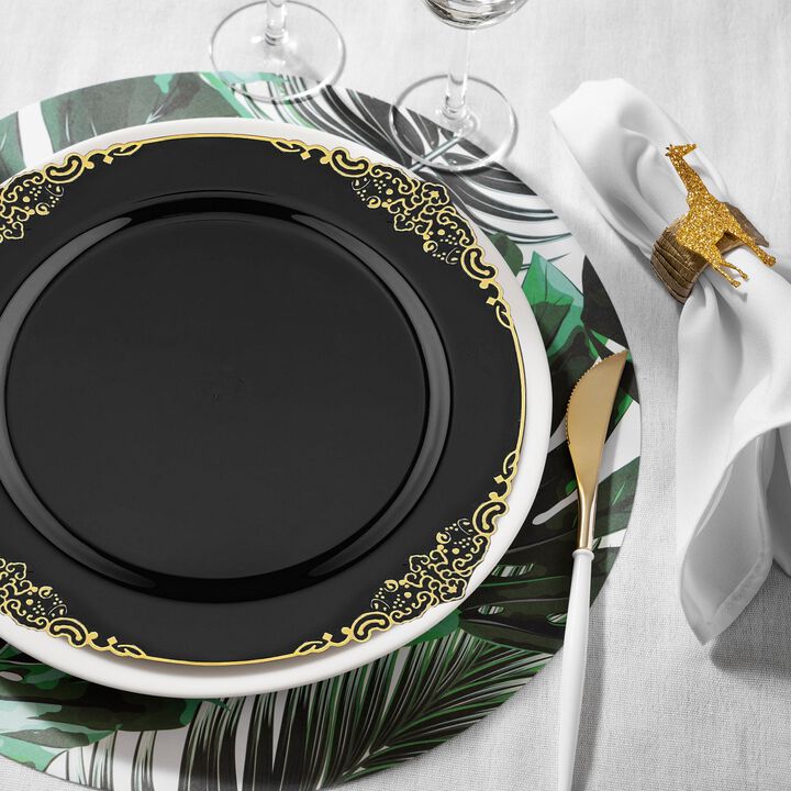 10.25" Black with Gold Fancy Round Plastic Dinner Plates (120 Plates)