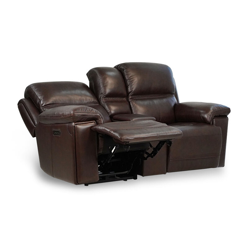 Timo Top Grain Leather Power Reclining Loveseat With Console Adjustable Headrest Storage Steel Cup Holders Cross Stitching