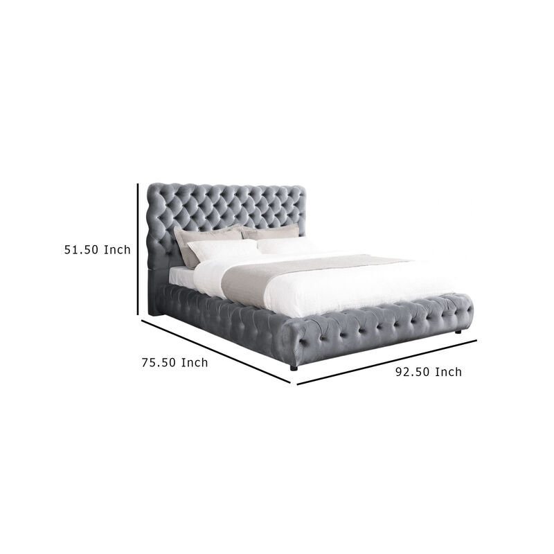 Goy Queen Size Bed, Diamond Tufted Gray Velvet Upholstery, Low Profile