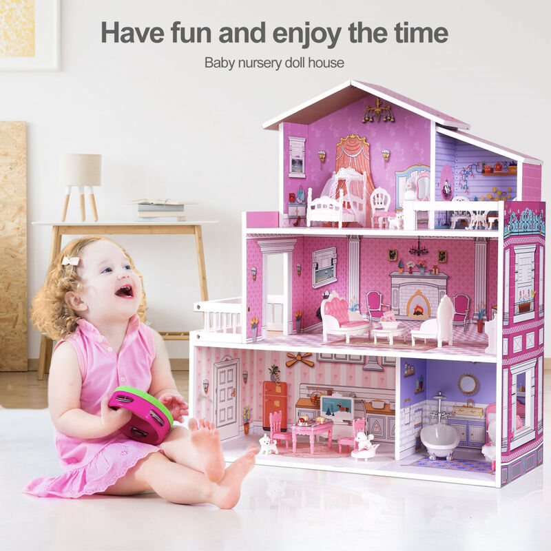 Wooden Dollhouse for Kids with 24pcs Furniture Preschool Dollhouse House Toy