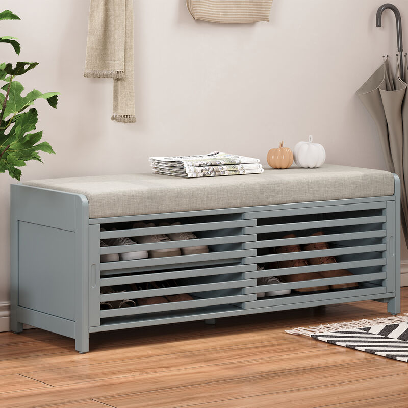 Whisen Distressed Shutter Storage Bench with Acacia Veneer for Living Room, Entryway - Gray