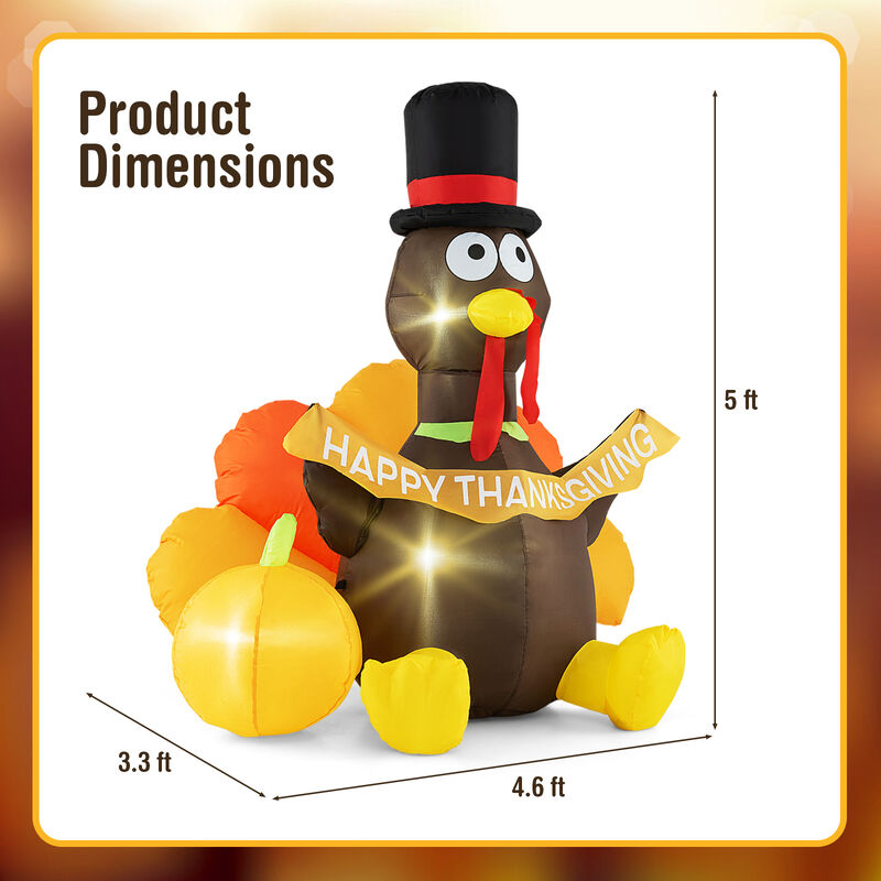 5 FT Inflatable Turkey with Pumpkin and LED Lights for Indoor Party image number 3