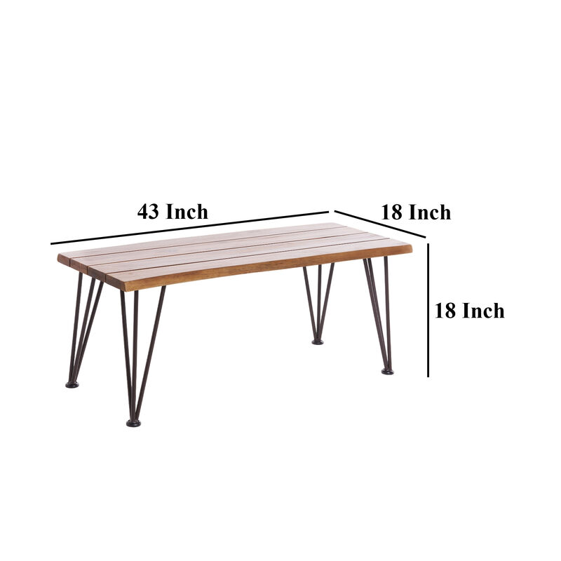 Zoe Outdoor Coffee Table, Hairpin Legs, 43in Brown Slatted Acacia Wood - Benzara