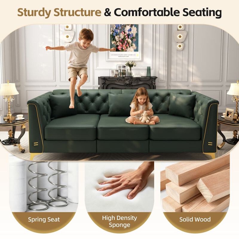 2-Piece Chesterfield Sofa and Ottoman Set, Faux Leather Tufted Couch with Metal Trim Arms, Living Modular Sofa with 3 Pillows image number 7