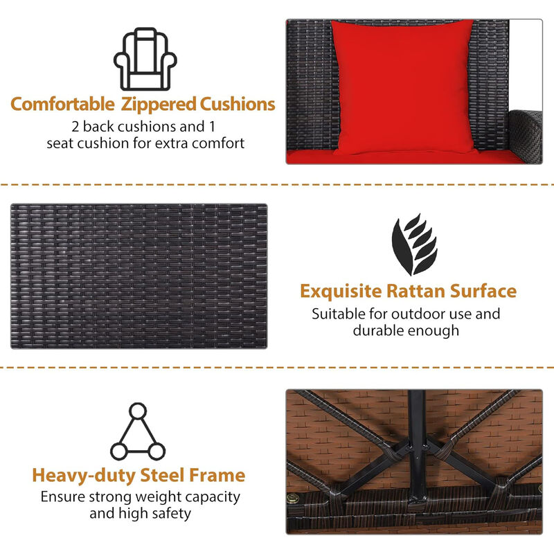 Mondawe 2-Person Wicker Hanging Porch Swing with 2 Back Cushions and 1 Seat Cushion