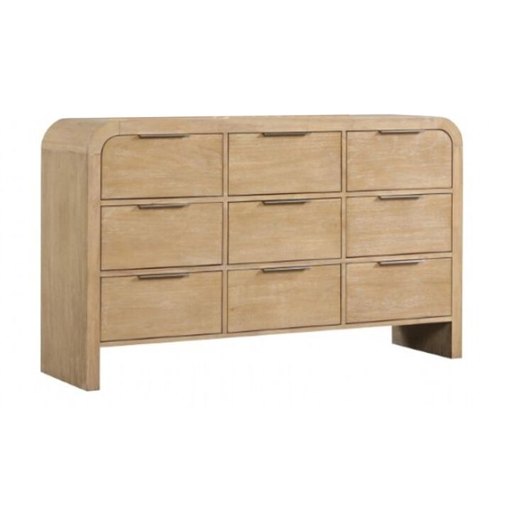 Rexa Wide Dresser, 9 Drawers, Natural Brown Wood, Metal Finger Pulls