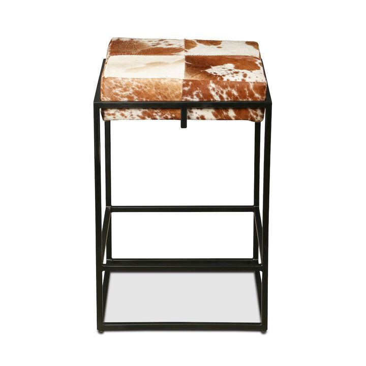 World Interiors Melbourne 17" Iron and Brown Cowhide Leather Counter Stool