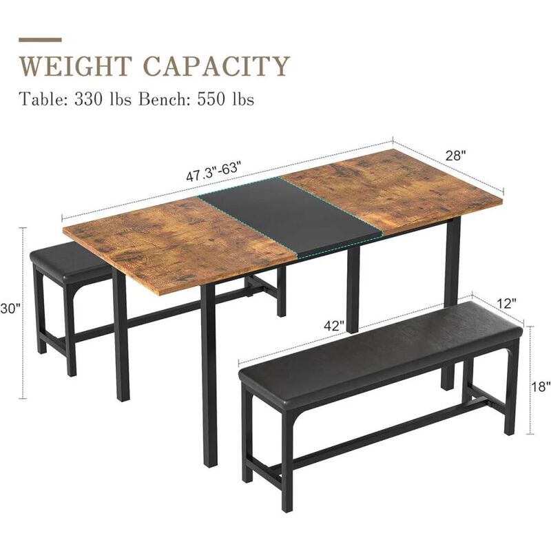 Hivvago Modern 3-Piece Dining Set with Expandable Kitchen Table and 2 Backless Benches