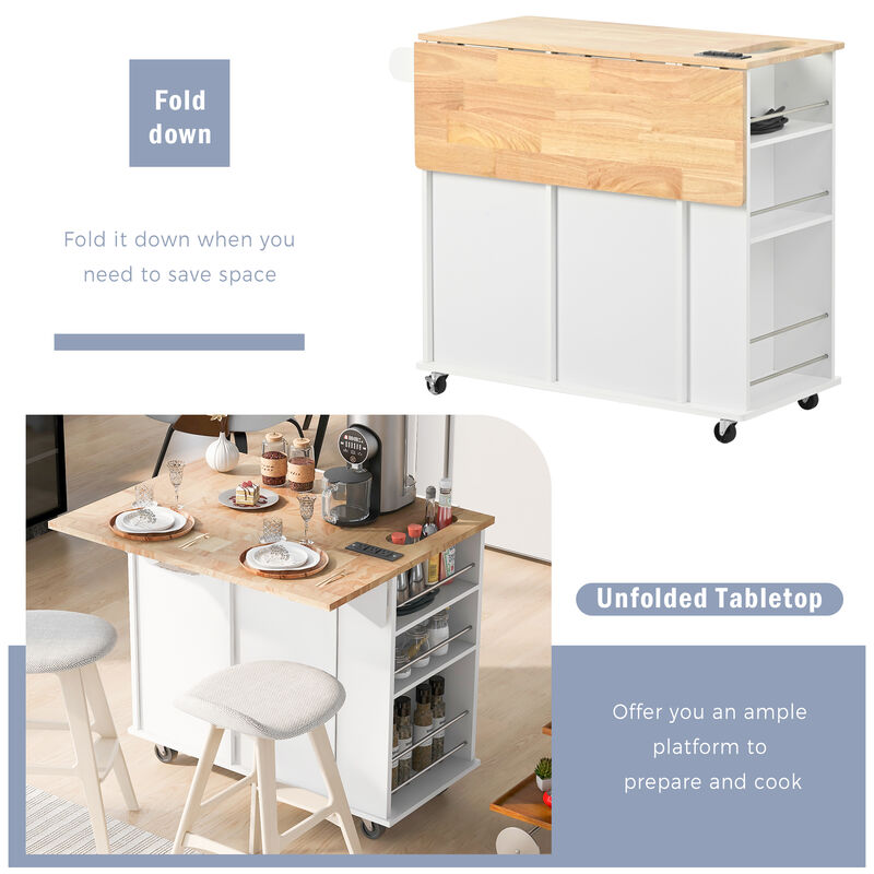 Merax Kitchen Island with Power Outlet,Kitchen Storage Island with Drop Leaf and Rubber Wood