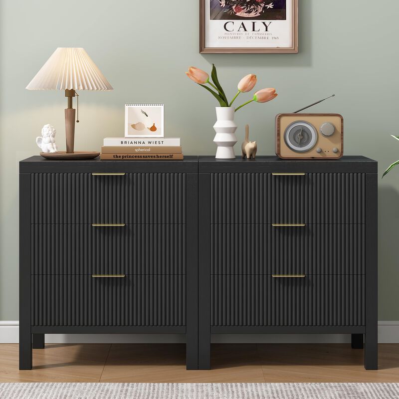 MJADUE Fluted Nightstands Set of 2, Wooden Farmhouse Night Stands with 6 Drawer Bedside Table - Boho Tall End Table Accent Table