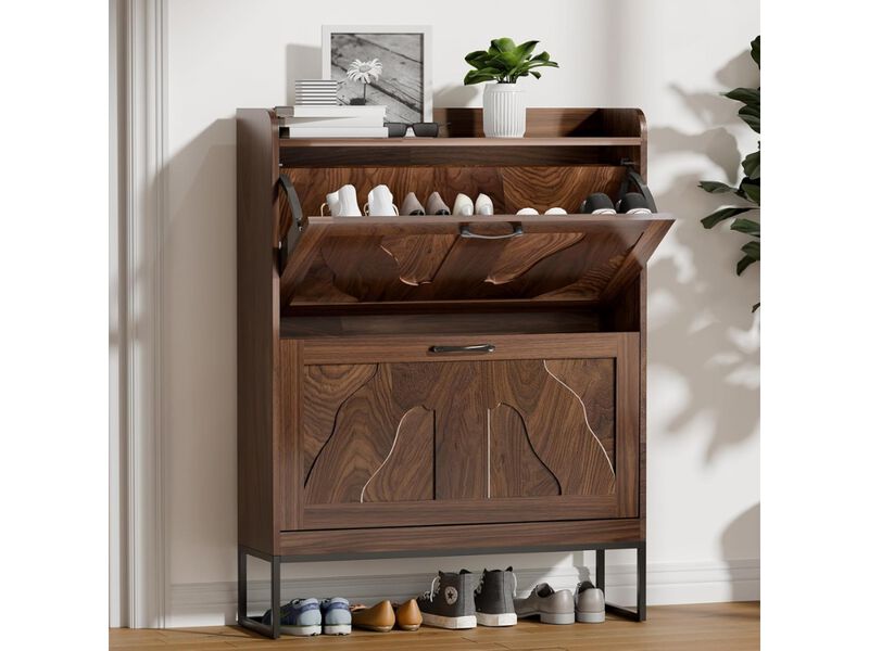 Slim Entryway Wood Shoe Storage Cabinet Flip Drawer Walnut image number 1