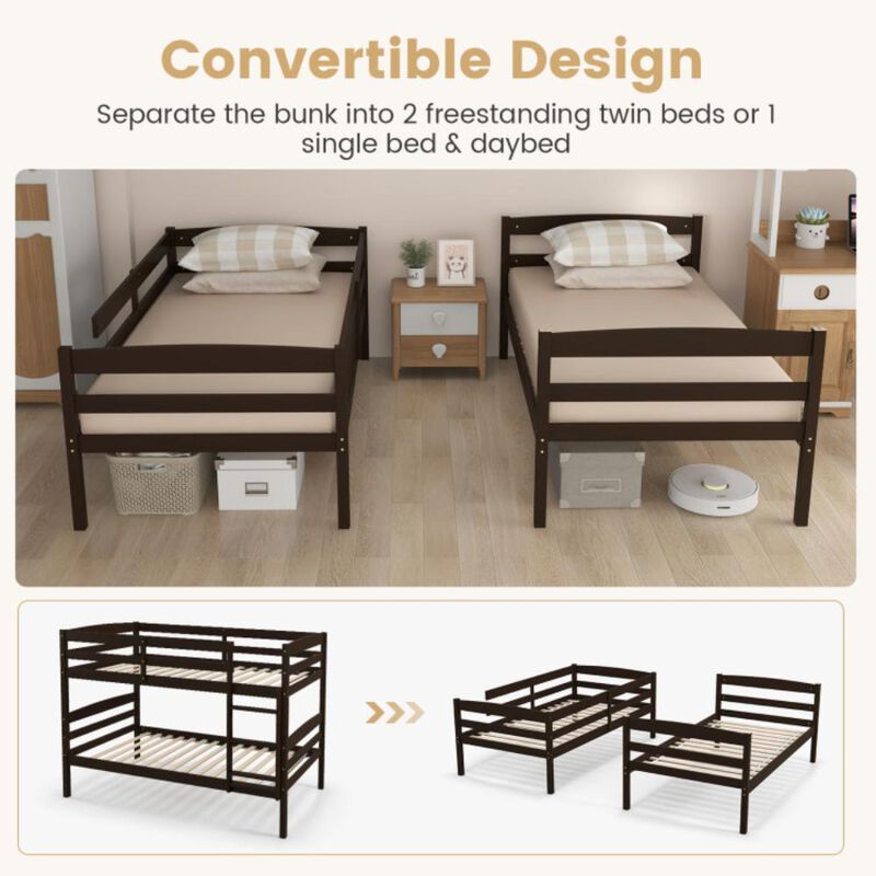 Hivvago Solid Wood Twin Over Twin Bunk Bed Frame with High Guardrails and Integrated Ladder