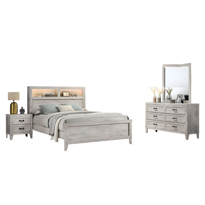 Miot 4pc Queen Bedroom Set, Headboard Shelves w Light, Whitewash